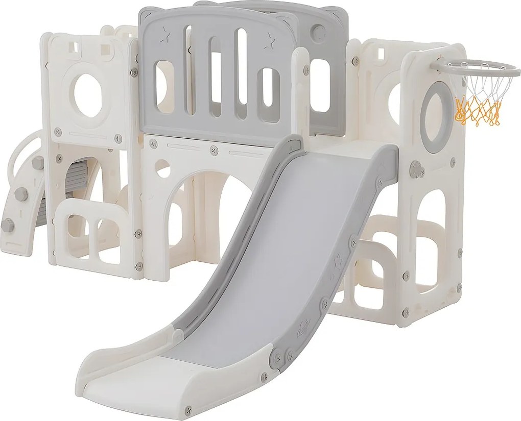 Zjeżdżalnia dla dzieci 6 w 1 - składająca się z zjeżdżalni, kosza do koszykówki, schodów, tunelu i dwóch schowków - Polietylen - Jasnoszary