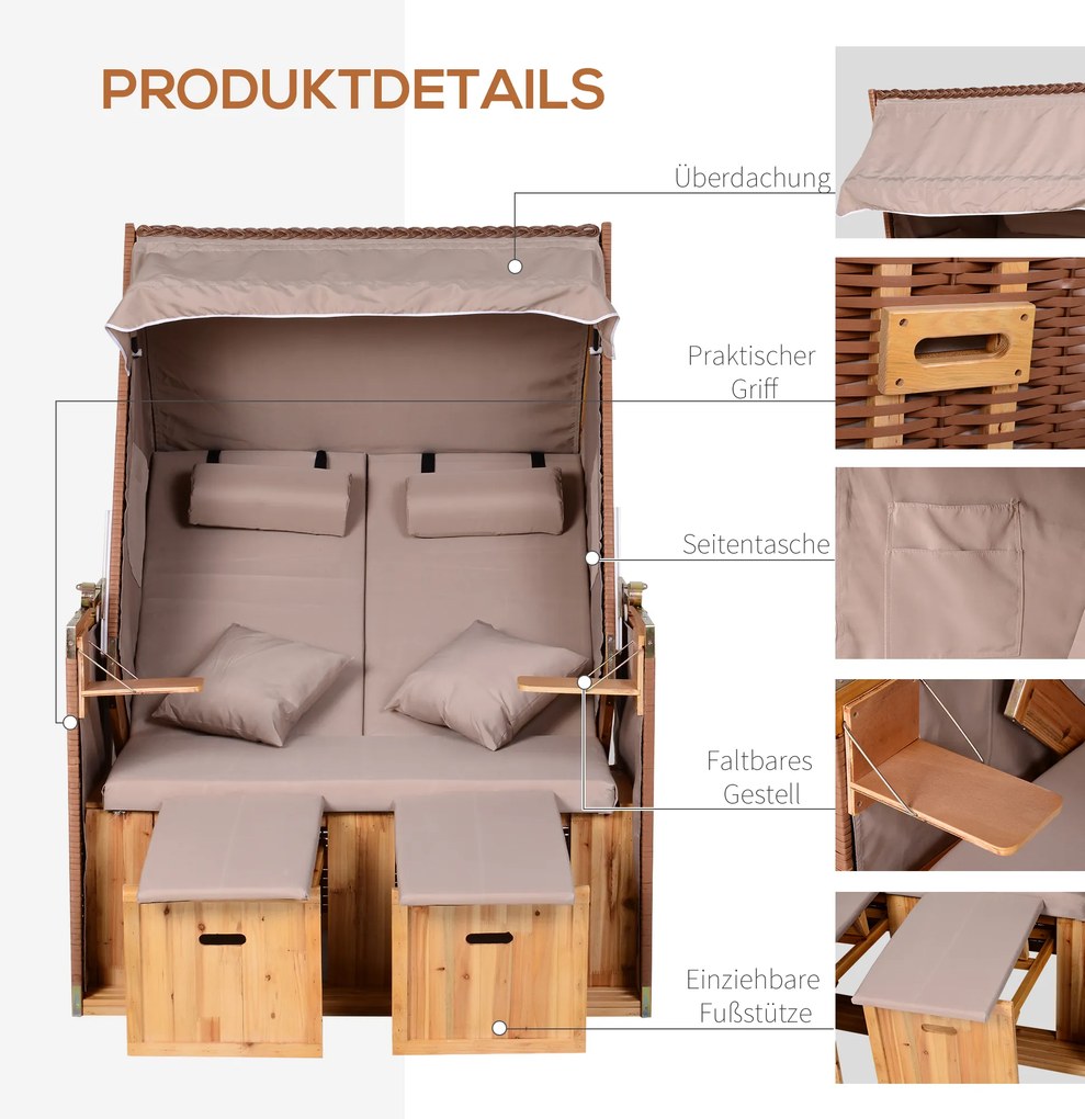 Outsunny Leżak 2-osobowy z daszkiem, uchwyty na napoje, PE-rattan, jasny brąz, 118x79x150cm | Aosom PL