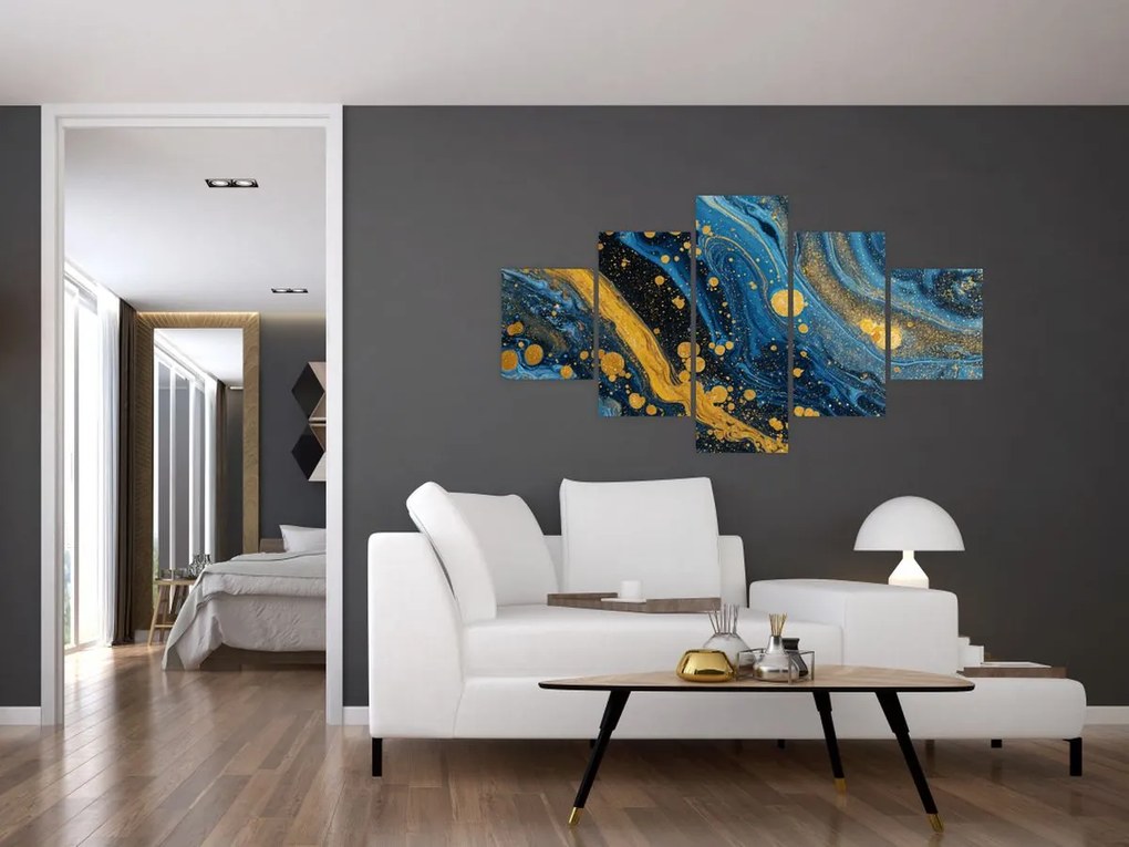 Obraz - Niebieska abstrakcja ze złotem (125x70 cm)