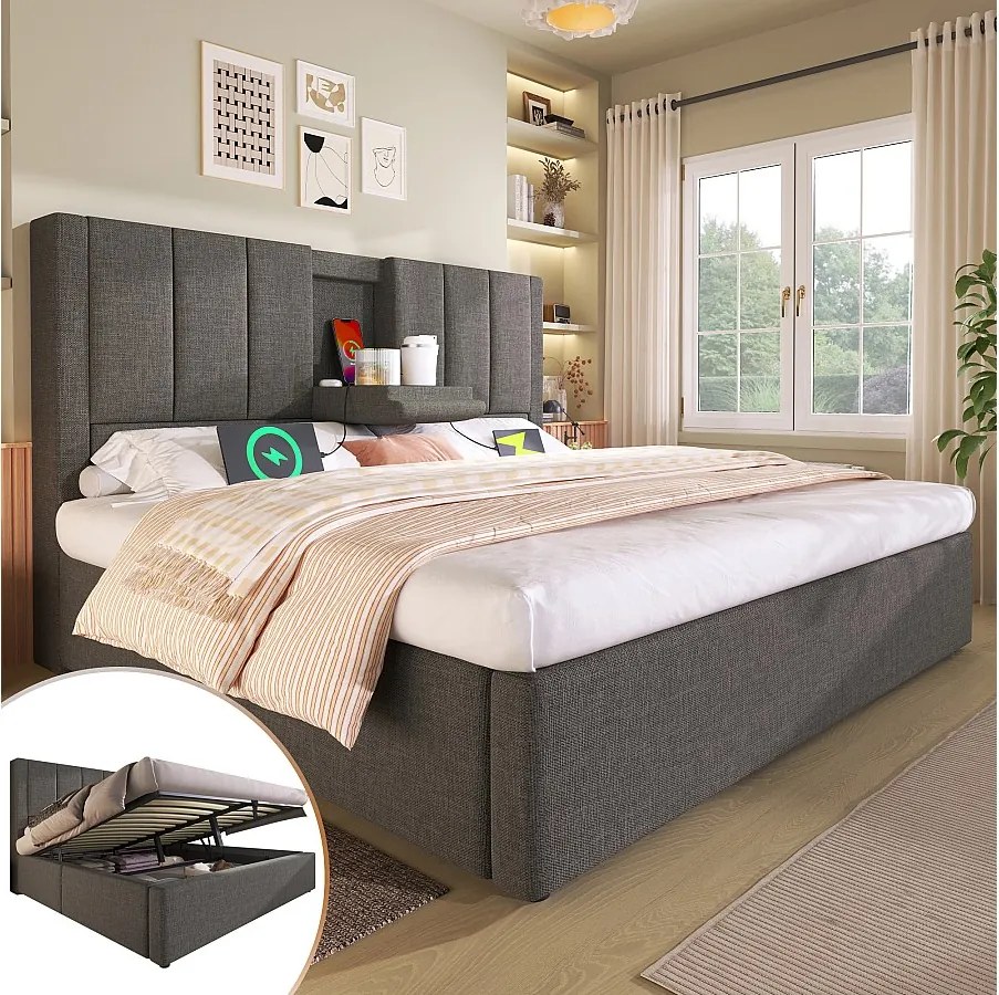 Łóżko tapicerowane z pojemnikiem na pościel, 140 x 200 cm, z ukrytym uchwytem na kubek i stacją ładującą, len, kolor szary