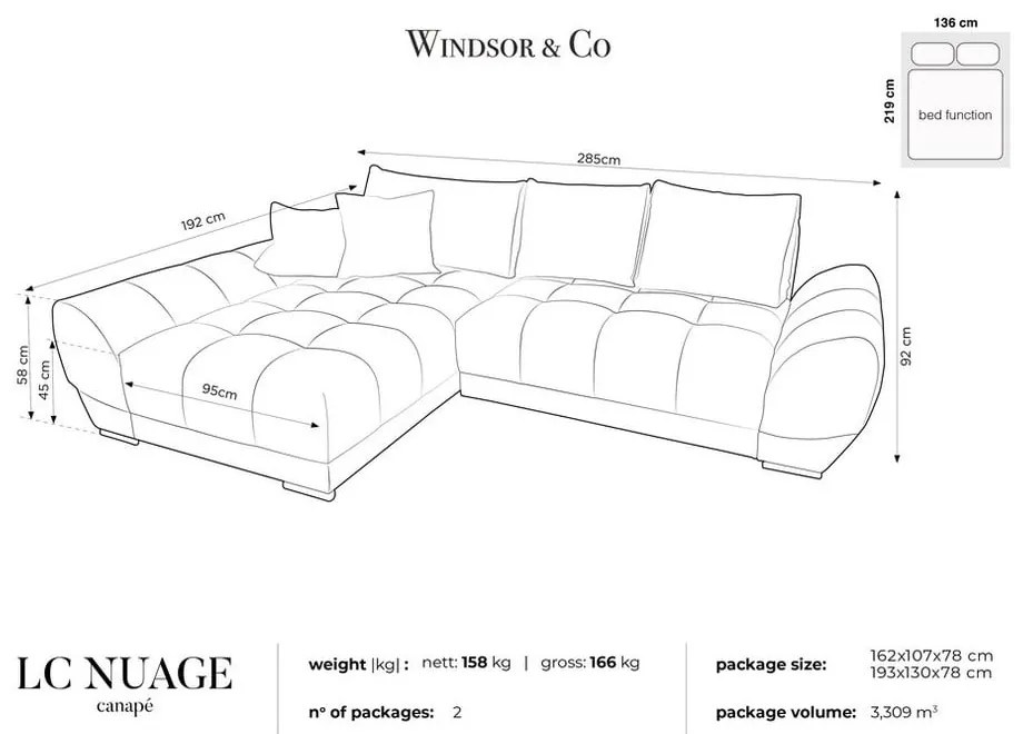Jasnoszary rozkładany narożnik z aksamitnym obiciem Windsor &amp; Co Sofas Nuage, lewostronny