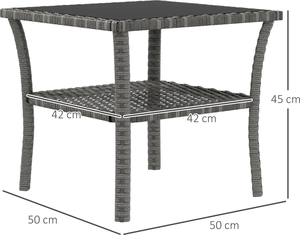 Outsunny Rattanowy stolik ogrodowy, 50 x 50 x 45 cm, odporność na warunki atmosferyczne, kwadratowy stolik z półką i szklaną płytą | Aosom PL
