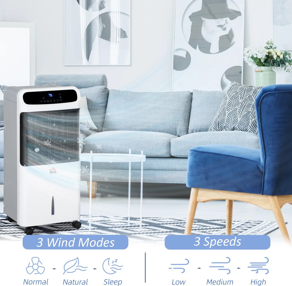 HOMCOM Klimatyzator z chłodzeniem wodnym z pilotem 3 tryby, 3 prędkości, 12-godzinny timer, wyświetlacz LED, 38x35x81 cm Biały | Aosom PL