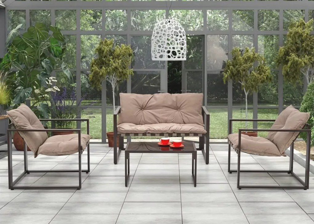 Zestaw mebli ogrodowych Alice – sofa, fotele i ława w eleganckim kolorze cappuccino z tapicerowanymi siedziskami