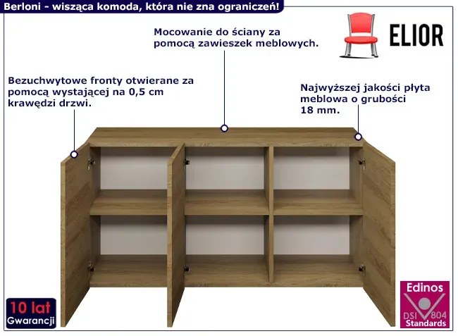 Wisząca komoda z gładkim frontem dąb hikora - Elorones 3X