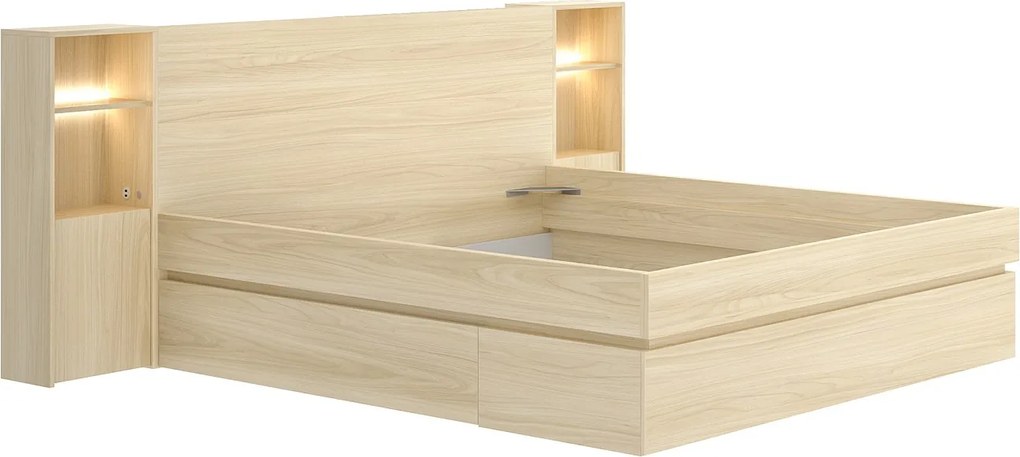 Łóżko z szafkami nocnymi i schowkami 160 x 200 cm – Z podświetleniem LED i portem USB – Kolor: Jasny naturalny - LARONIA