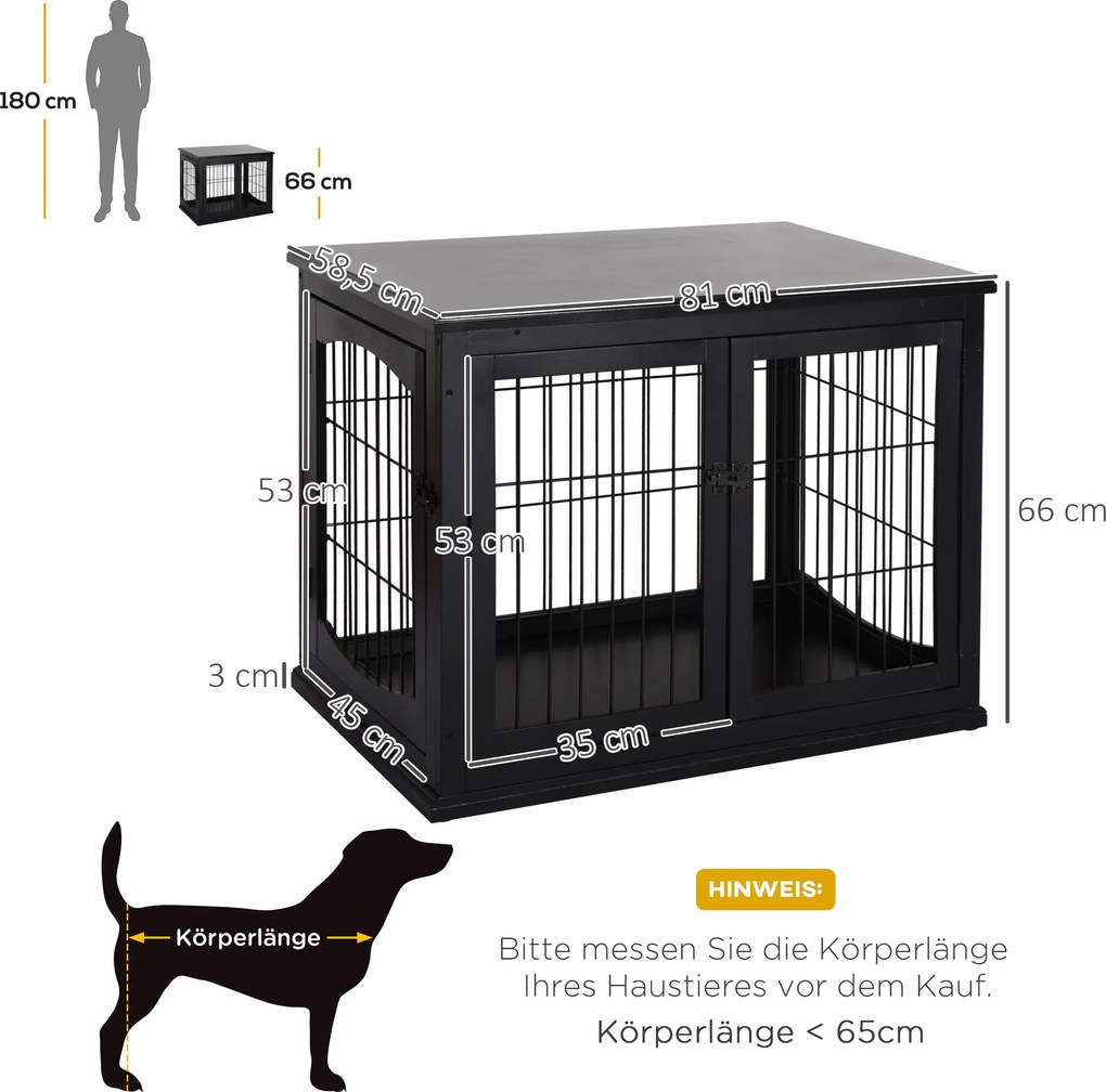 Pawhut Klatka dla Psa do Domu 2 Drzwi Zwierzęta Domowe MDF Metal Czarna, 58,5 x 81 x 66 | Aosom PL