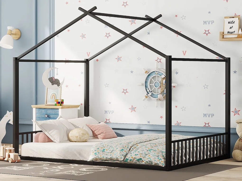 Łóżko kabinowe 140 x 200 cm z zagłówkiem - łóżko dziecięce - metalowe - stelaż listwowy - czarne