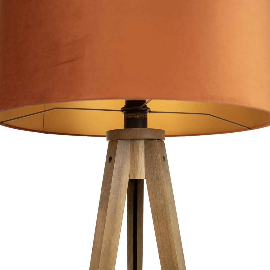 Drewniana lampa podłogowa z pomarańczowym kloszem i złotym wnętrzem 50 cm - Tripod Classic