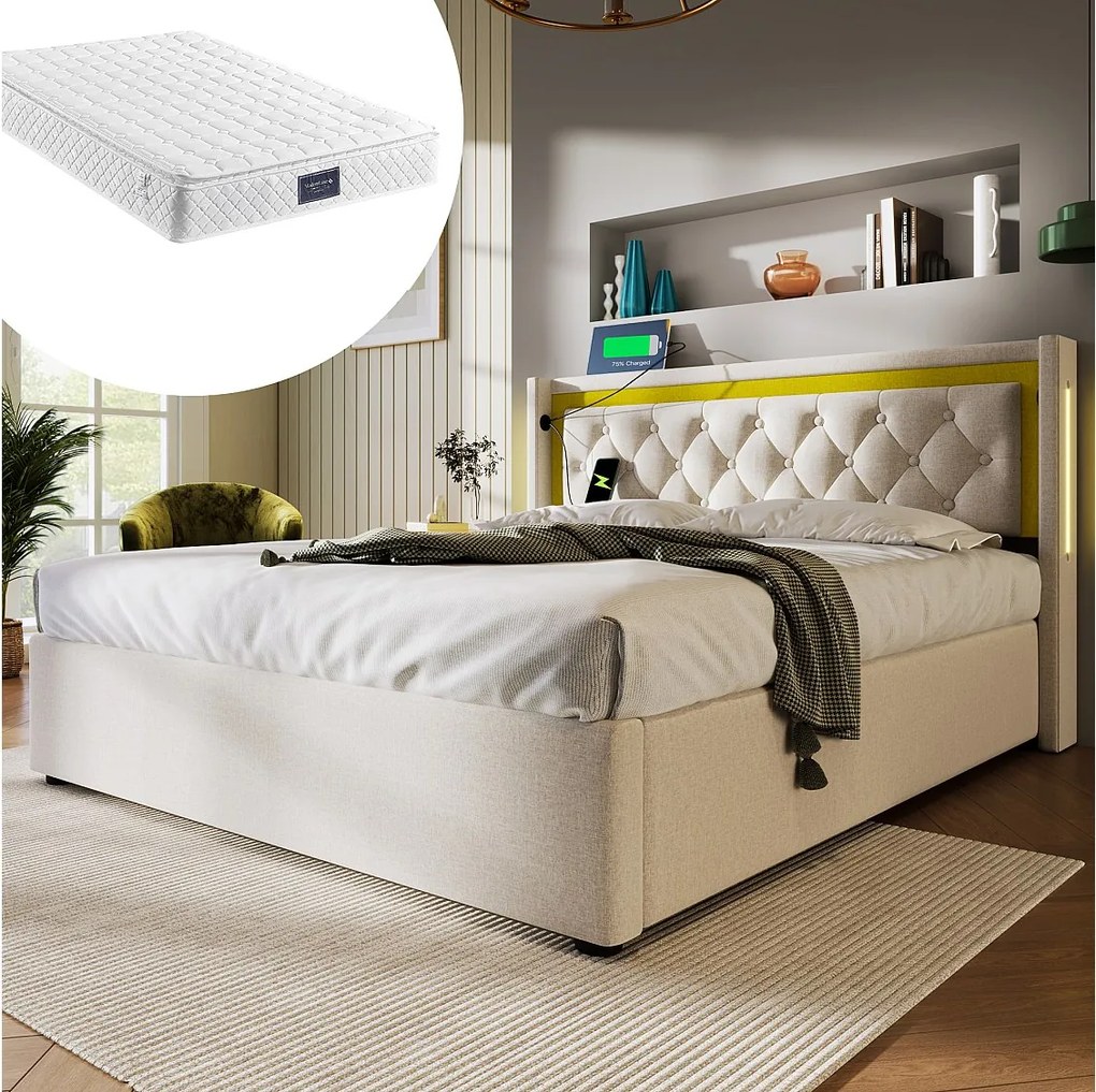 Łóżko dla dorosłych 140x200 - z zagłówkiem, USB/typu C, LED, stelażem - beżowe - materac w cenie