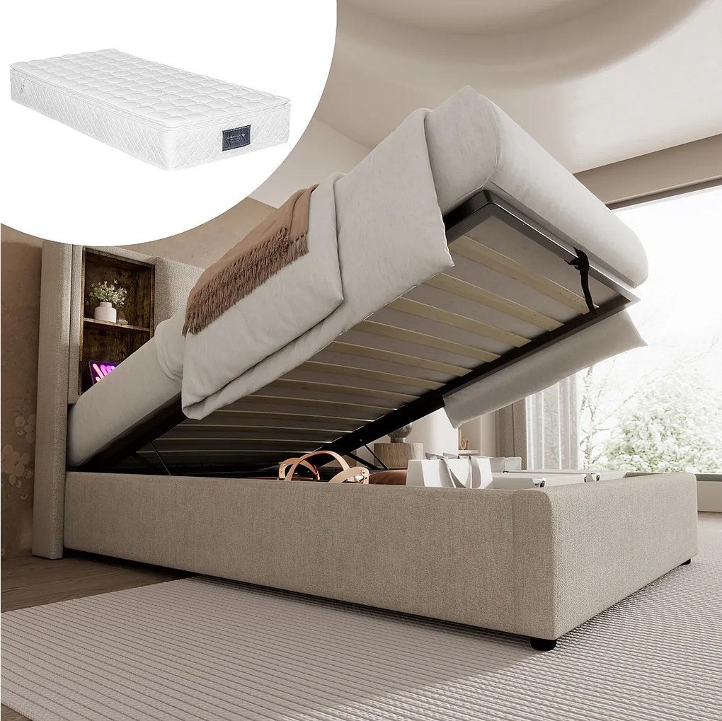 Łóżko 90x200 cm z pojemnikiem na pościel - z zagłówkiem i schowkiem, USB, typ C, stelaż - len - naturalny - materac wliczony w cenę