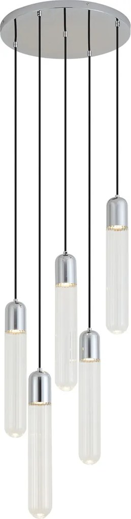Designerska lampa wisząca chromowana z żebrowanym szkłem 5-punktowa - Walcott