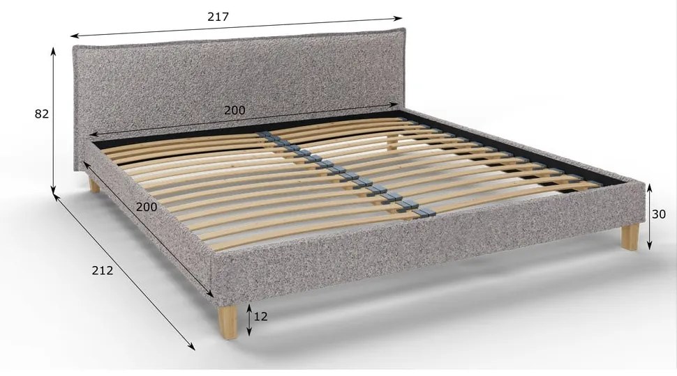 Szare tapicerowane łóżko dwuosobowe ze stelażem 200x200 cm Tina – Ropez