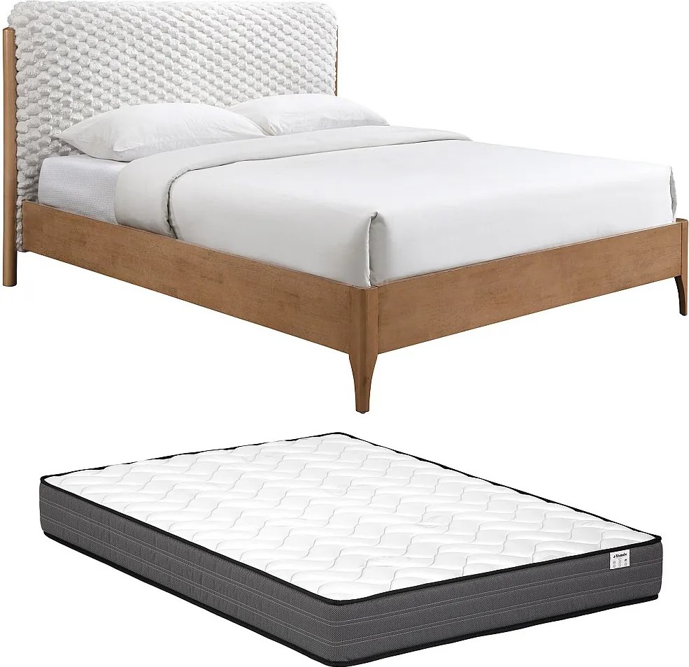 Łóżko 160 x 200 cm z zagłówkiem z ekologicznego futra – Biały i naturalny + Materac – SERAVELA