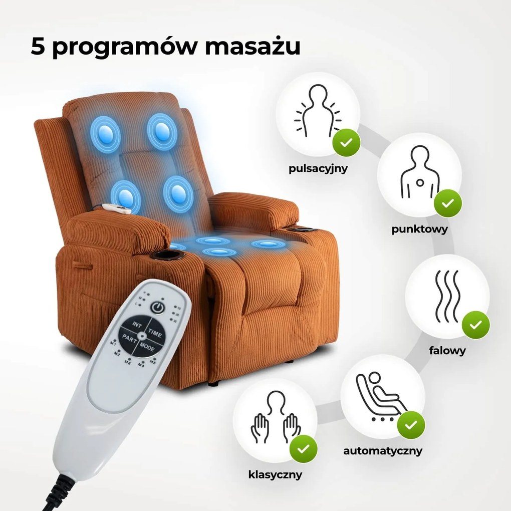 Fotel Masujący BOX Rozkładany Wypoczynkowy z Podnóżkiem Rudy Sztruksowy Nowoczesny