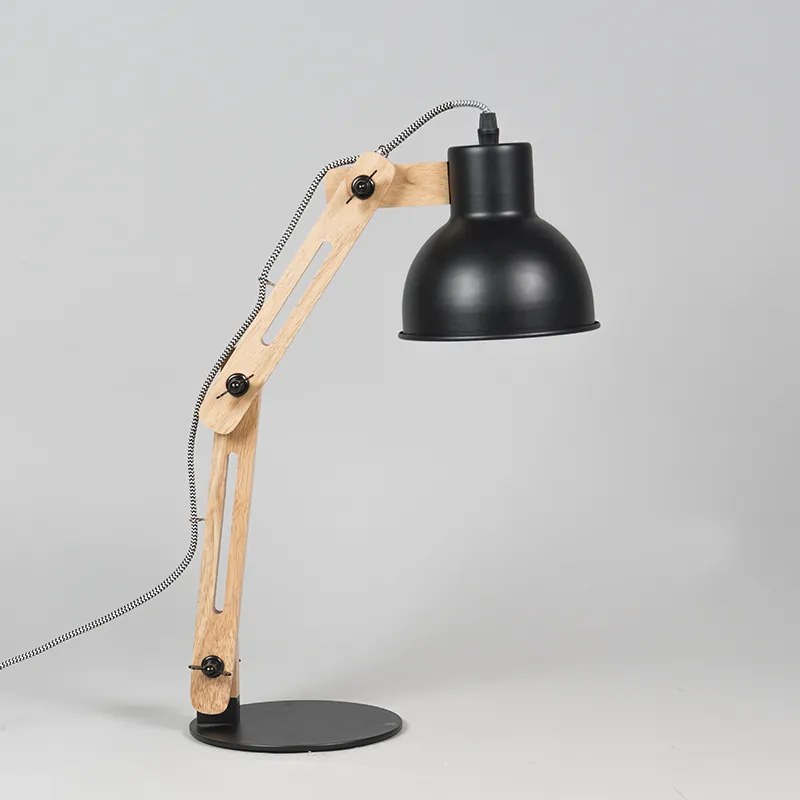 Industrialna lampa stołowa czarna z drewnem - Woodi Nowoczesny Oswietlenie wewnetrzne