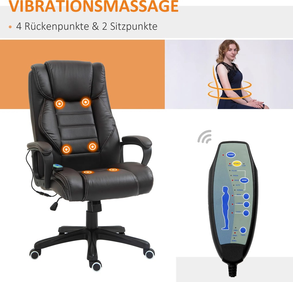Vinsetto Krzesło biurowe z funkcją masażu, regulowany fotel dyrektorski, ergonomiczny fotel obrotowy, 6 punktów wibracyjnych, Brązowe