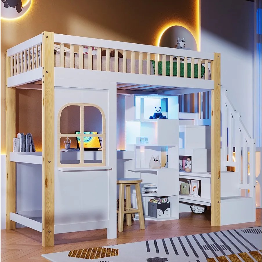Łóżko piętrowe dla dzieci - 90 x 200 cm - z oświetleniem LED + drabinka + biurko + półka - drewno - kolor biały + naturalny