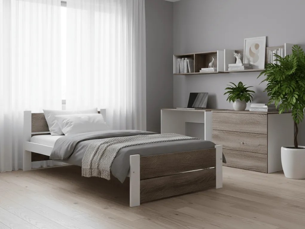 Łóżko IKAROS DOUBLE 80 x 200 cm, białe/dąb truflowy Materac: Materac Coco Maxi 20 cm