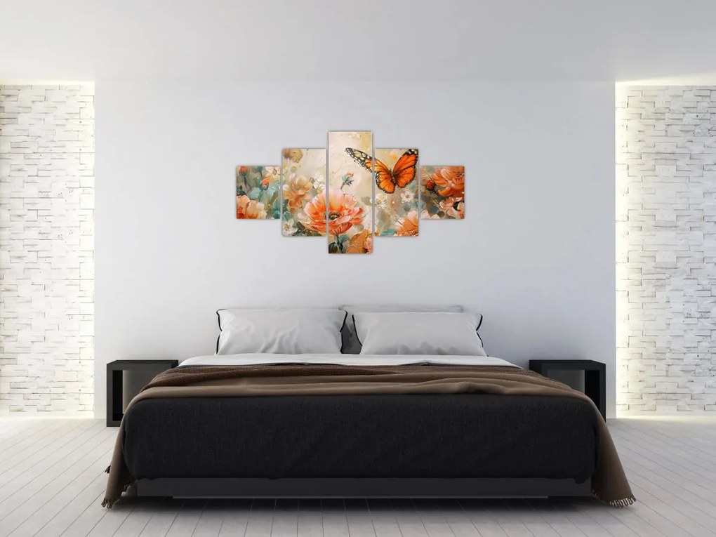 Obraz - Motyl i kwiaty, obraz olejny (125x70 cm)