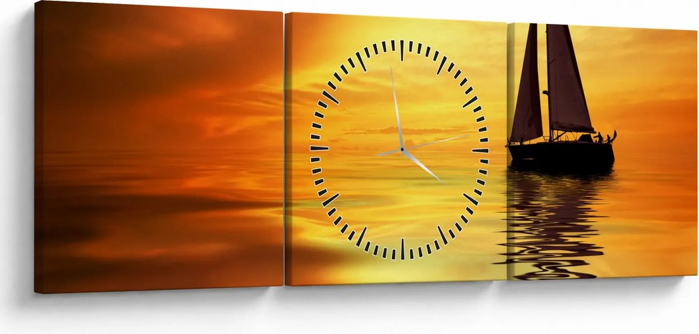 Obraz - Żaglówka o zachodzie słońca (z zegarem) (90x30 cm)