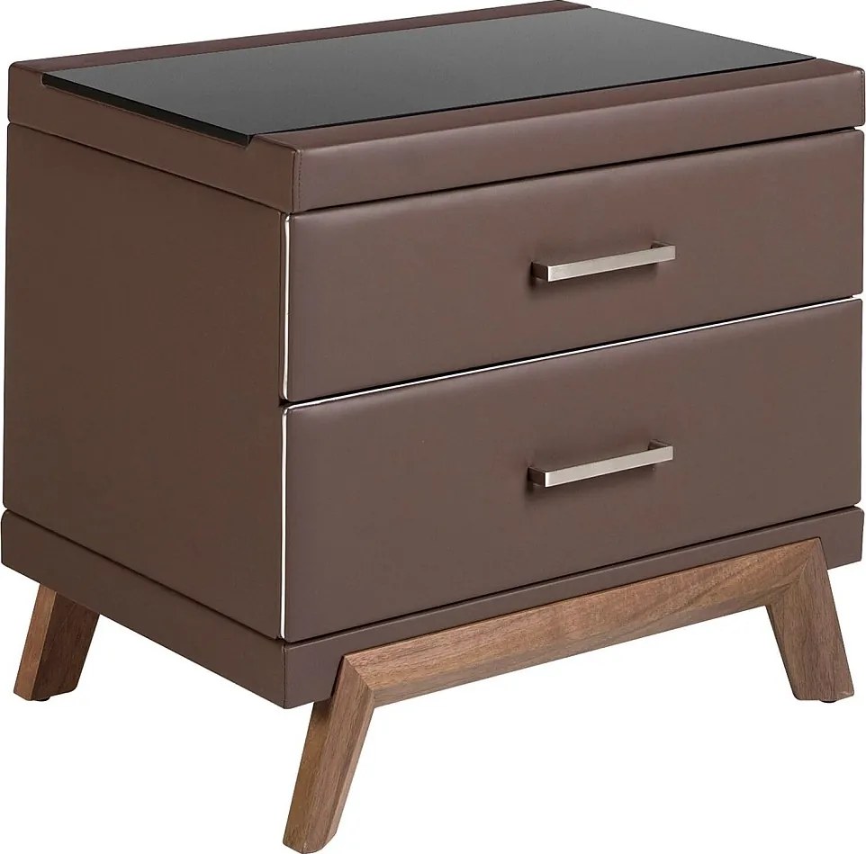 Stolik nocny ze sztucznej skóry, orzech z czarnym szklanym blatem 7162 ANGEL CERDA