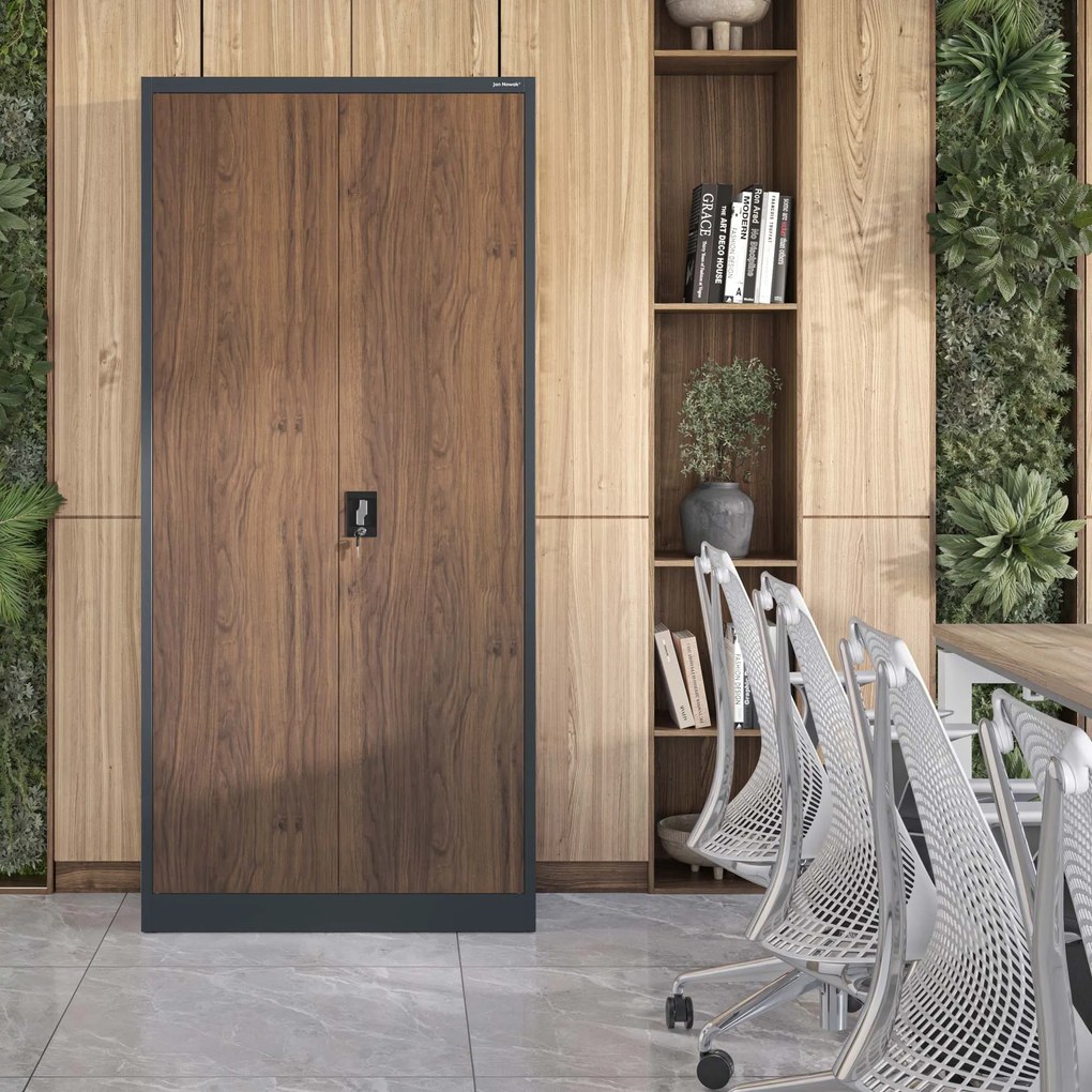 Szafa biurowa metalowa wysoka na dokumenty antracytowa/orzech, 900x1950x400 mm: JAN H Eco Design