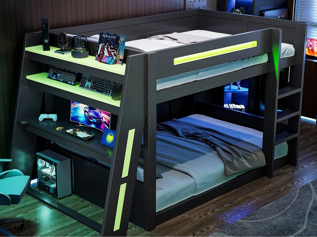 Łóżko piętrowe drewniane 140 x 200 cm - Z biurkiem, podwójną półką - Port USB i oświetlenie LED - MDF - czarno-zielone (bez materaca)