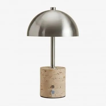 Bezprzewodowa Lampa Stołowa Led Z Żelaza I Naturalnego Kamienia Nicolas Travertine & ↑35 Cm - Sklum
