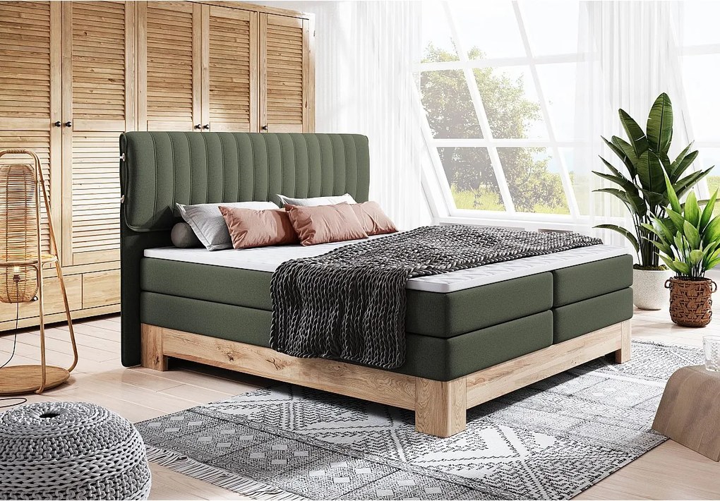 MELIA, Łóżko Tapicerowane na sprężynach kieszeniowych, rama dębowa, elastyczny materac, powierzchnia spania: 140x200 cm, ciemnozielony