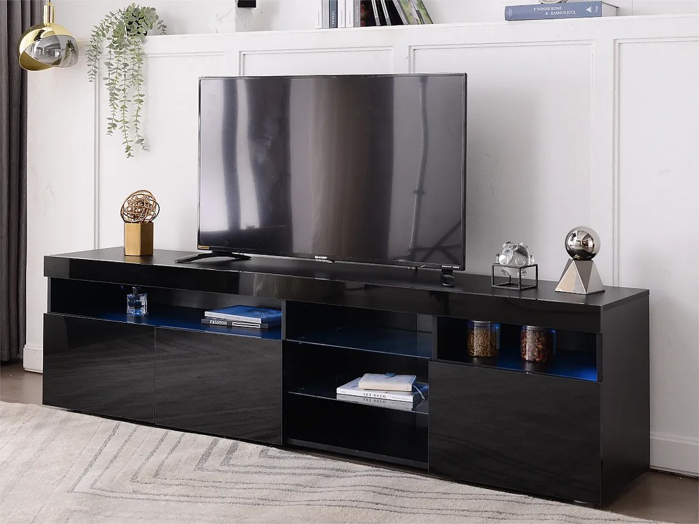 Szafka RTV 180 cm - 3 drzwi i 3 wnęki - LEDy - lakier czarny połysk