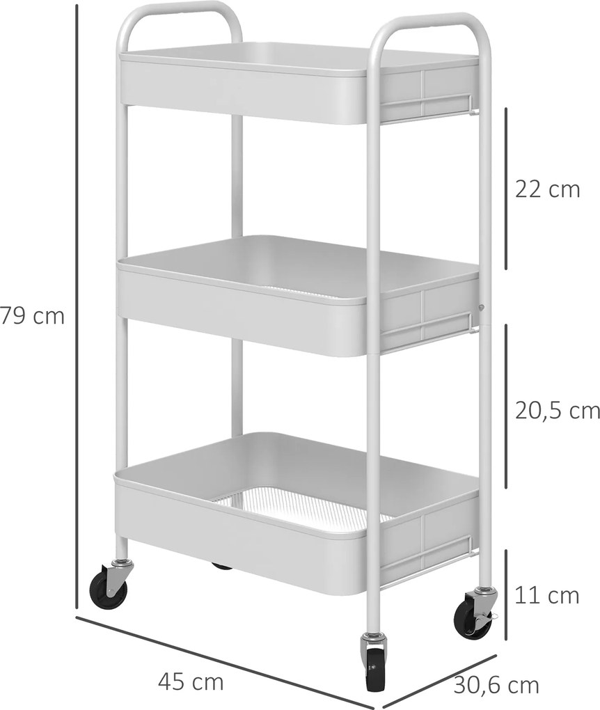 HOMCOM Wózek serwisowy z 3 poziomami, wózek kuchenny, wózek do przechowywania, wózek pomocniczy do kuchni i salonu, stal, biały
