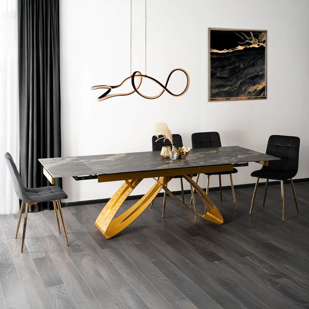 Zestaw Stół Rozkładany LUIGI 160-240 cm Czarny Marmur/Złoty i 4 Krzesła Tapicerowane YORK Czarne Glamour
