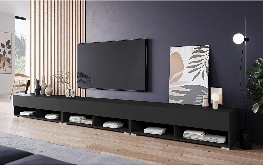 Nowoczesna szafka RTV 300 cm z LED – bezuchwytowa, czarny mat, stojąca lub wisząca