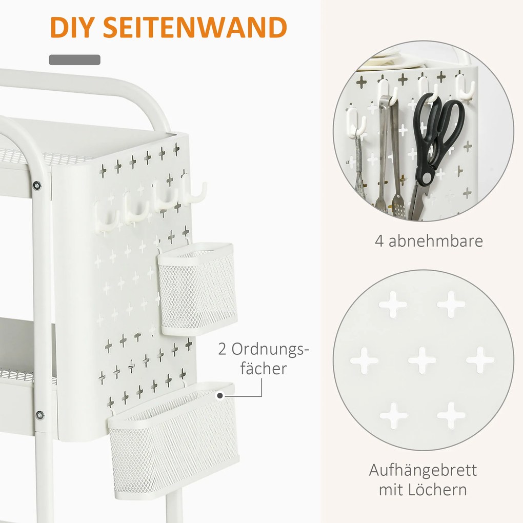 HOMCOM Wózek 3-poziomowy Wózek do serwowania Wózek do przechowywania Półka kuchenna z kółkami Biały
