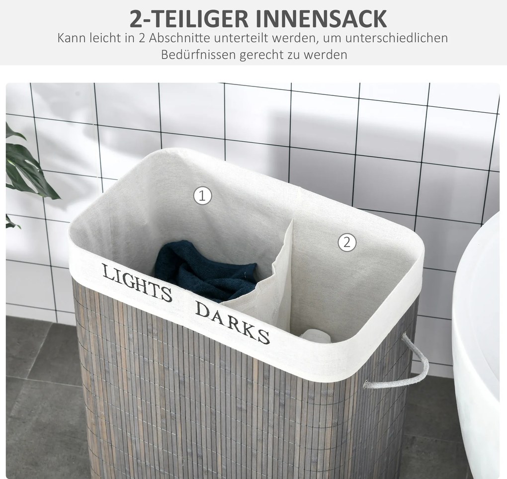 HOMCOM 100L Kosz na pranie z 3 uchwytami, z pralnym workiem na pranie, Bambus, Poliester, Bawełna, Metal, 52 x 32 x 63 cm, Szary
