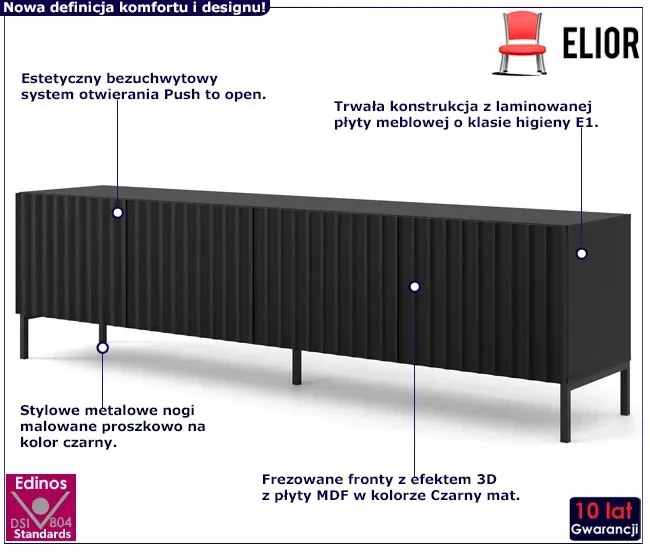 Szafka pod TV z lamelami czarny mat + czarne nóżki Zubi