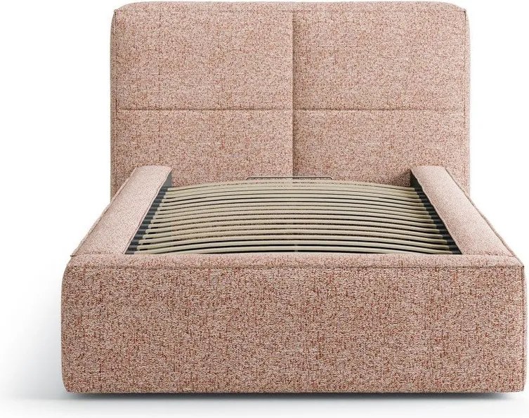 Różowe tapicerowane łóżko jednoosobowe ze schowkiem i stelażem 90x200 cm Darren – Micadoni