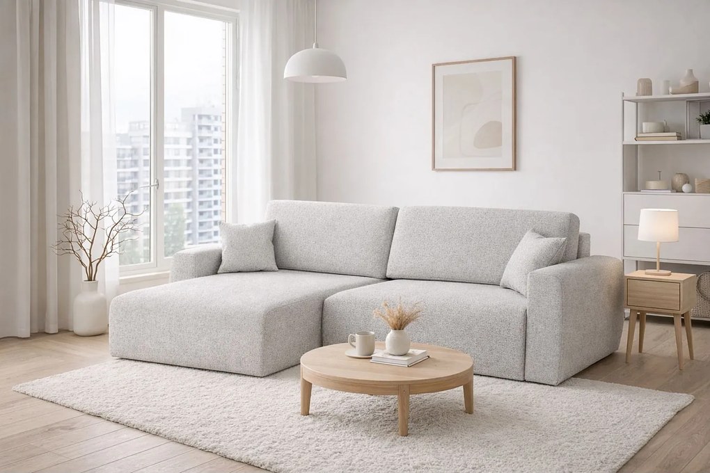 Narożnik z funkcją spania i pojemnikiem Ariel XL, tkanina szenilowa Artico, Cement, Lewy