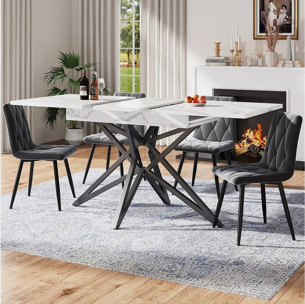 Rozkładany stół do jadalni 120/160 x 68 cm z 4 krzesłami - aksamitne krzesła - - MDF + Metal - biały