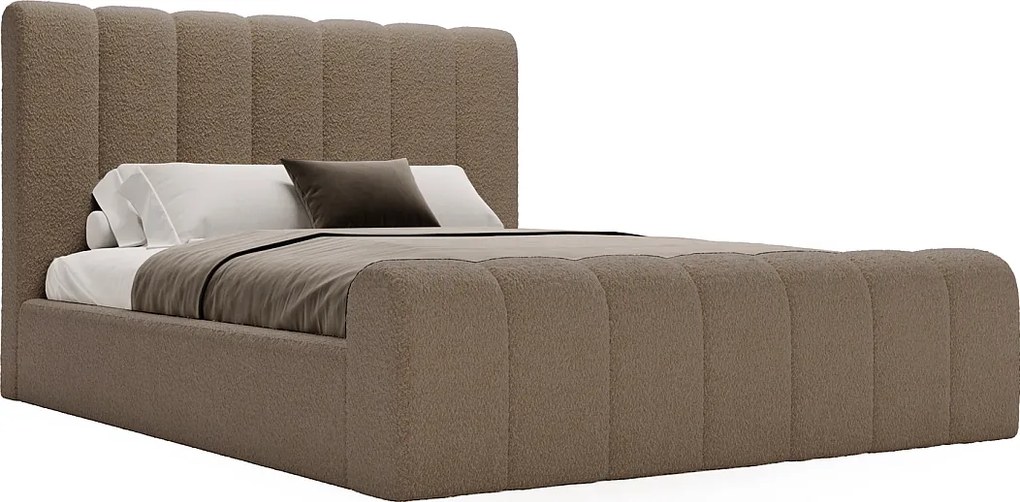 Emporius Valetta łóżko dwuosobowe 140x200 - wyoski przód, pojemnik, tkanina boucle - łóżko sypialniane w nowoczesnym stylu - brązowy (Anthology 5)