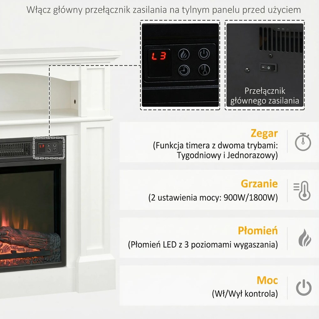 HOMCOM Elektryczny kominek z efektem płomienia 3D LED, zdolność grzewcza 30 m², pilot, Biały/Czarny