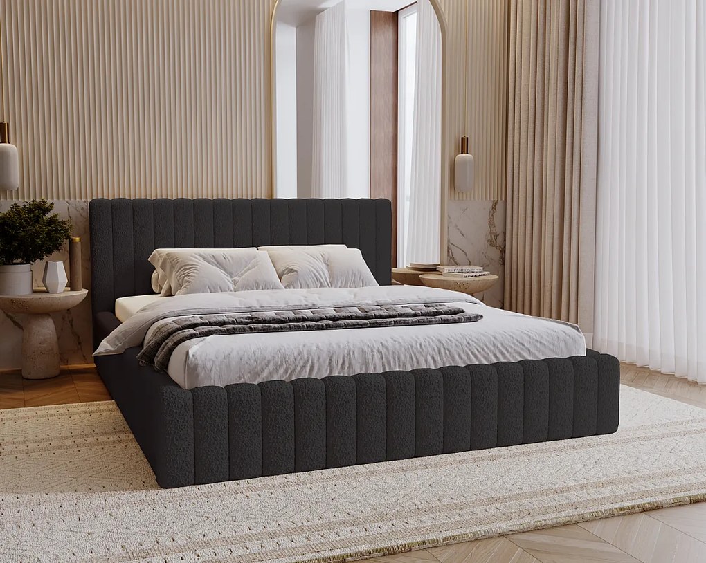 Emporius Billo łóżko tapicerowane 180x200 cm - łóżko dwusobowe, pojemnik i stelażem w zestawie - nowoczesne łóżko 180 x 200 - boucle, łóżko czarne (Anthology 19)