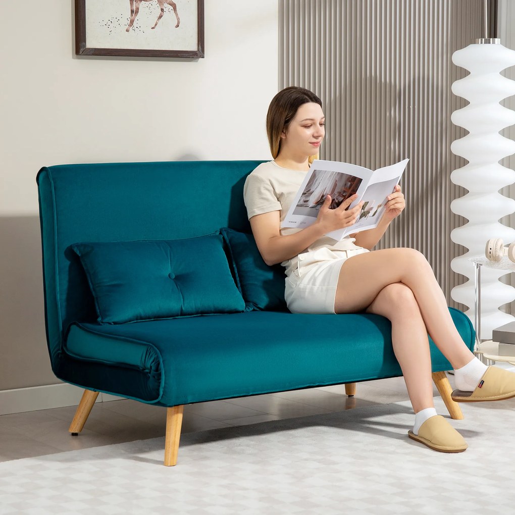 HOMCOM 2-osobowa sofa rozkładana, łóżko sofa, transformowalna kanapa, regulowane oparcie, materiał obiciowy, stalowy stelaż, zielona