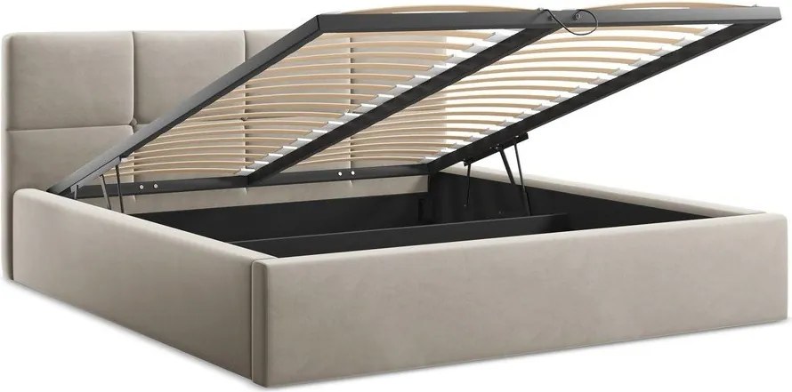 Szarobrązowe aksamitne tapicerowane łóżko dwuosobowe ze schowkiem ze stelażem 140x200 cm Hiko – Makamii