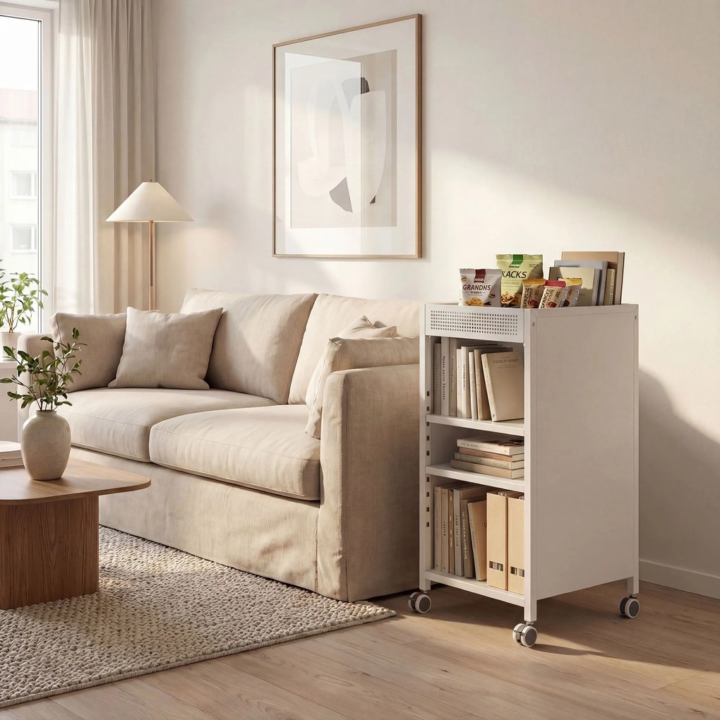 HOMCOM Mobilny regał na książki z regulowanymi półkami, 3-poziomowy wózek z górnym koszem, biały | Aosom PL