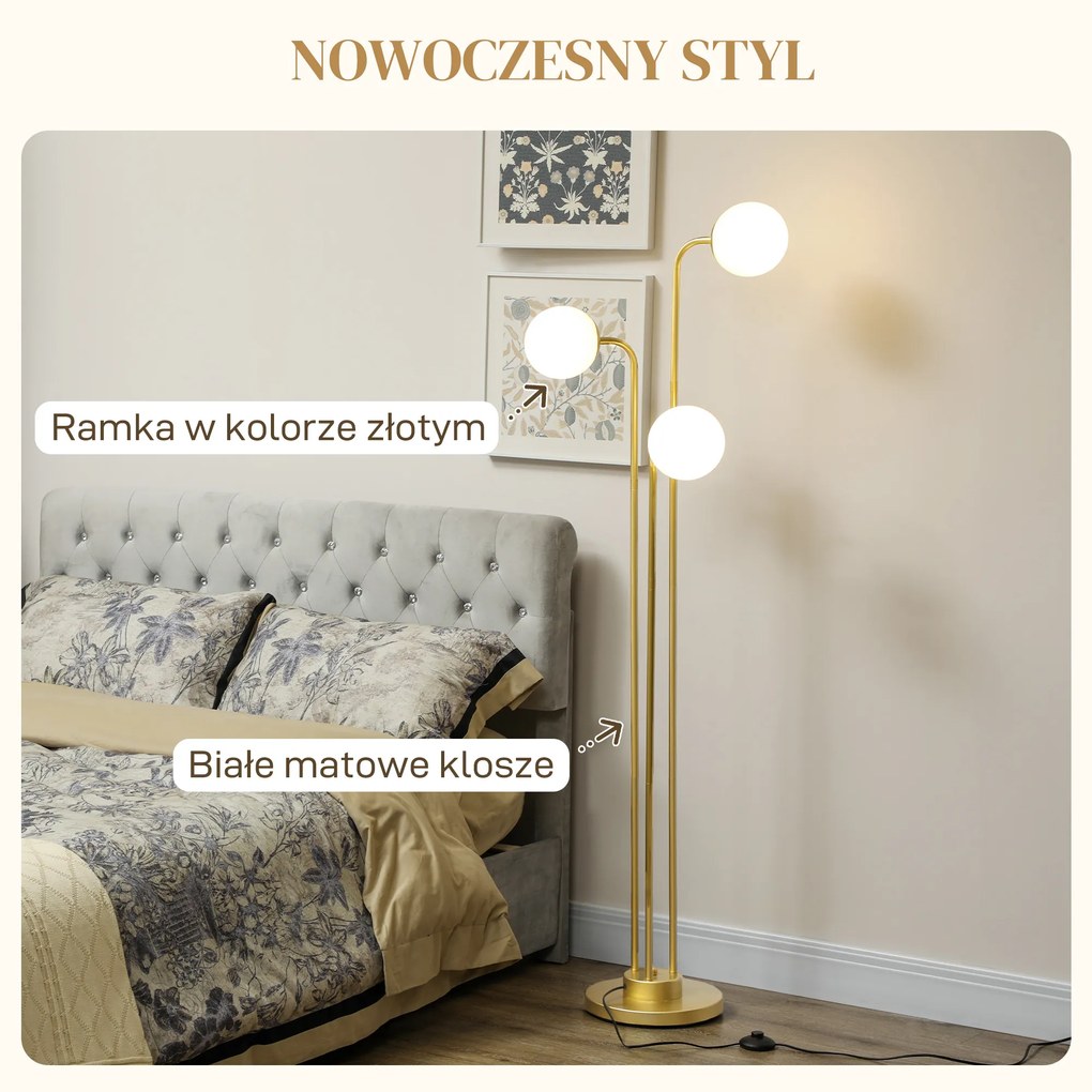 HOMCOM Nowoczesna Lampa Stojąca z 3 Abażurami, z Włącznikiem Nożnym, do Salonu, Sypialni, 3 x Oprawka E27, Złoty Kolor