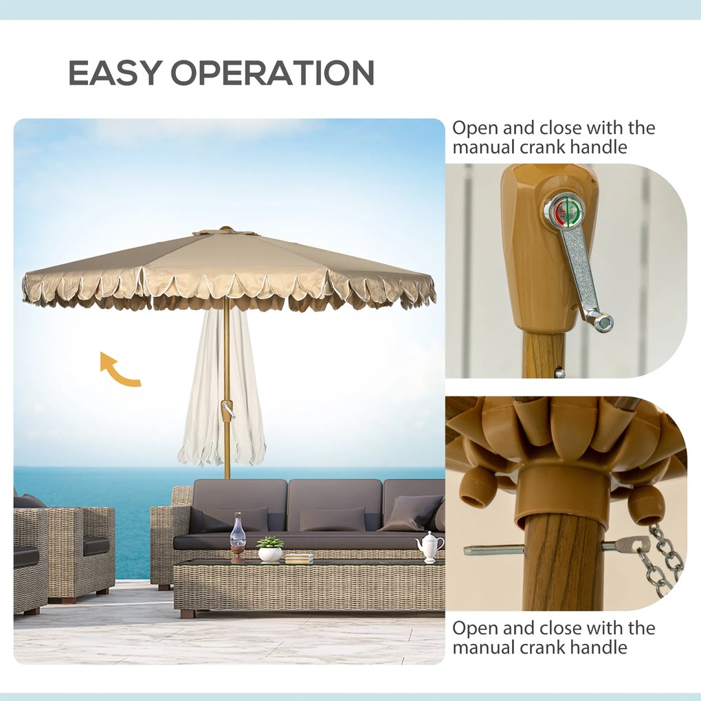 Outsunny Efektowny Parasol z Frędzlami - Nachylany, z Korbką, Khaki, Ø264x240cm - Modna Ochrona