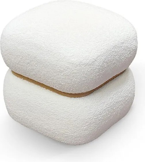 Kwadratowa pufa z białej tkaniny z efektem wełny i drewnianym pierścieniem - BOSTON