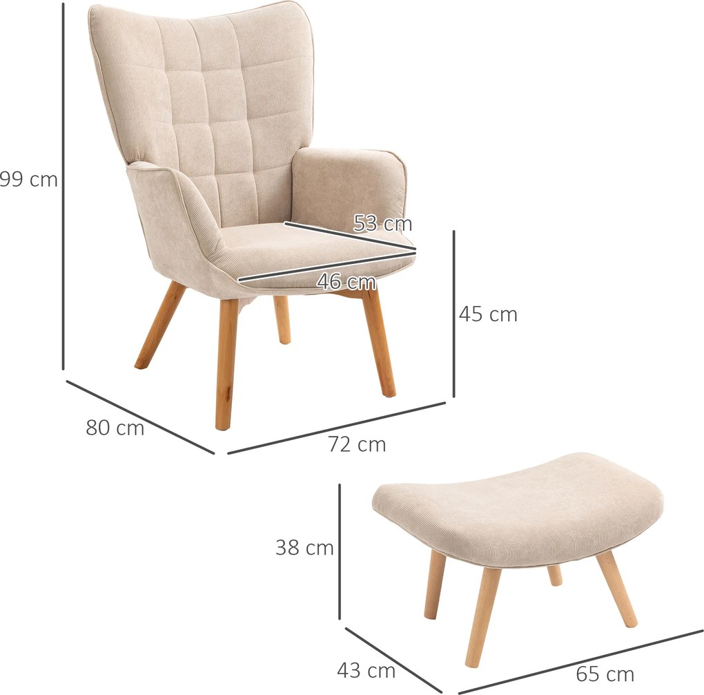 HOMCOM Fotel akcentowy w stylu skandynawskim z otomaną, zestaw foteli, drewno bukowe, w wyglądzie sztruksu, Beżowy